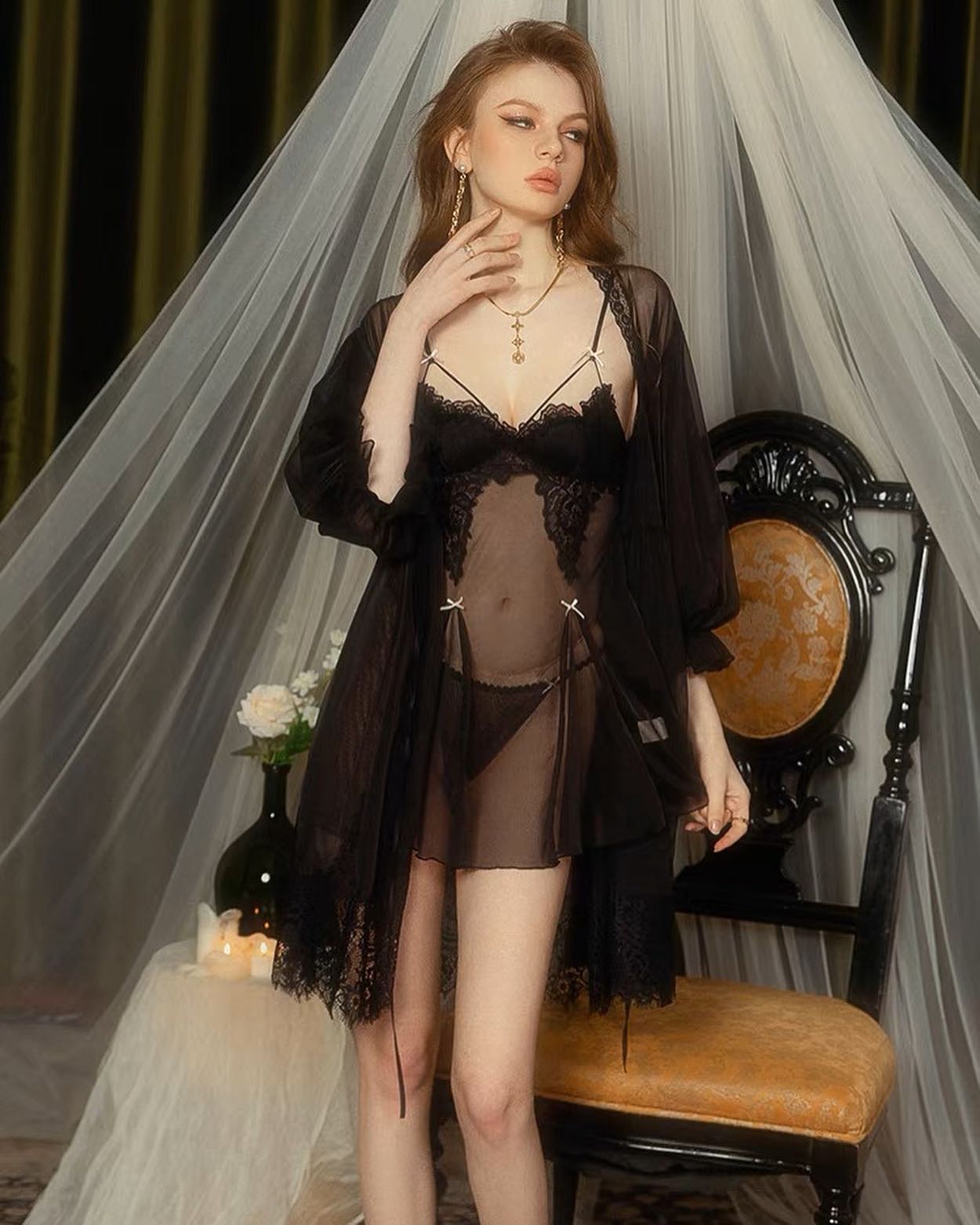  Gianna Mesh Babydoll Robes Set

* Adjustable strap...